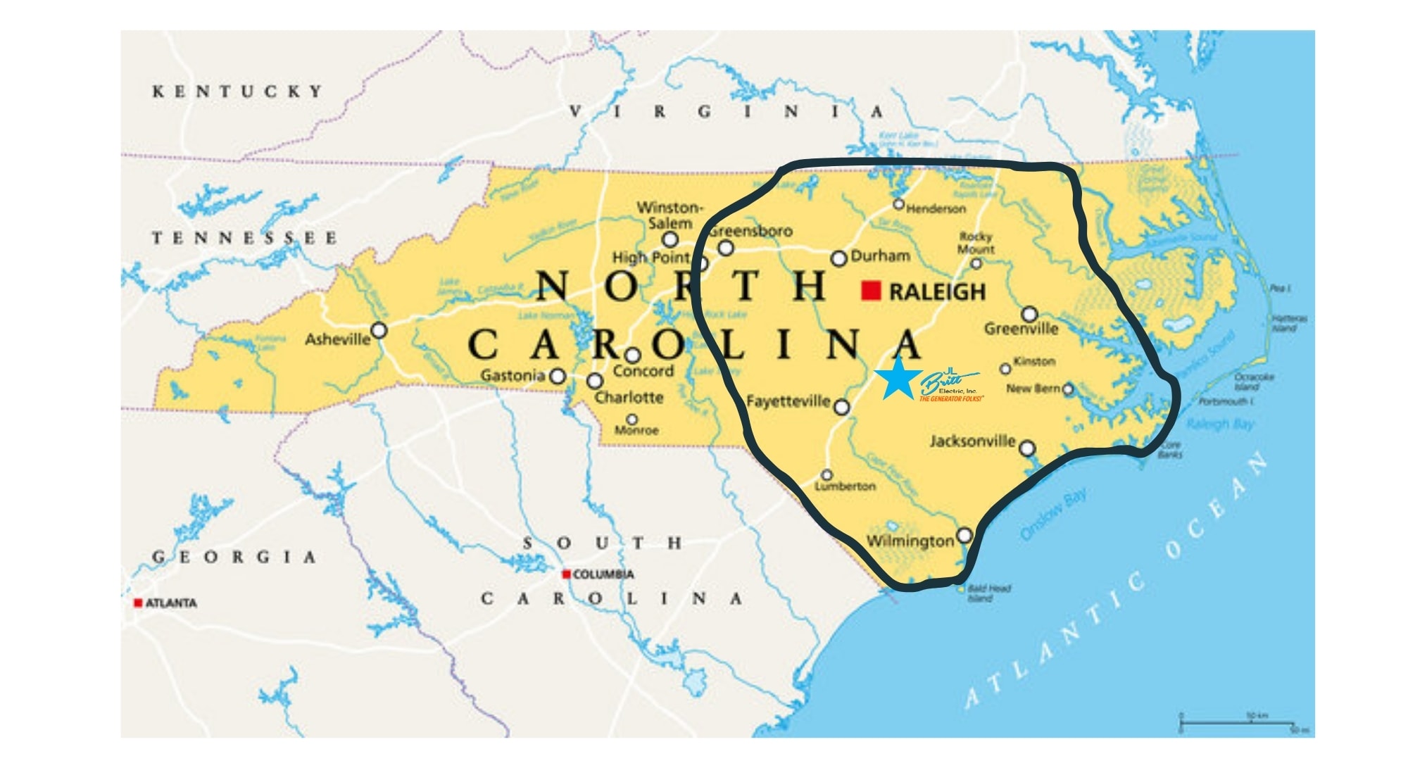 JL Britt Electric service area map covering Central and Eastern North Carolina